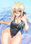  2018 ahoge artoria_pendragon_(all) ass_visible_through_thighs bespectacled black_swimsuit blonde_hair braid breasts celebration cleavage competition_swimsuit covered_nipples dated def_(chronowarld) fate/grand_order fate_(series) food food_in_mouth french_braid glasses hair_bun innertube large_breasts looking_at_viewer mouth_hold mysterious_heroine_x_(alter) one-piece_swimsuit partially_submerged popsicle signature sitting solo striped striped_swimsuit swimsuit thigh_gap vertical-striped_swimsuit vertical_stripes water yellow_eyes 