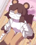 2024 anthro biped bottomless bottomless_anthro bottomless_female brown_body brown_fur brown_hair canid canine cel_shading clothed clothed_anthro clothed_female clothing countershading crepix digital_drawing_(artwork) digital_media_(artwork) eyewear female female_anthro floor front_view fur genitals glasses gloves_(marking) hair high-angle_view innie_vulva leg_markings mammal markings mostly_nude mostly_nude_anthro mostly_nude_female obscured_eyes opaque_glasses open_clothing open_topwear plantigrade raccoon_dog round_ears scissors shaded shaver sitting sitting_on_ground slim slim_anthro slim_female socks_(marking) solo topwear vulva white_body white_countershading white_fur wood wood_floor