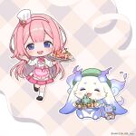 1girl :d ^_^ apron black_shoes blush bow chef_hat chibi closed_eyes commentary_request dress food frilled_apron frills green_hat hairband hat holding holding_tray long_hair long_sleeves lunlun_(nijisanji) mini_chef_hat mini_hat momoshiki_tsubaki nijisanji official_art pancake pink_apron pink_hair plaid_apron plaid_background plaid_clothes plate pretzel_(lunlun) purple_eyes sample_watermark shoes smile socks standing standing_on_one_leg striped_bow suo_sango tilted_headwear tray very_long_hair virtual_youtuber watermark white_dress white_hairband white_hat white_socks 
