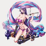  armor bangs beads bikini breasts choker cleavage collarbone commentary_request eyepatch_bikini fate/grand_order fate_(series) gloves hand_on_own_thigh high_heels highres holding holding_sword holding_weapon huge_breasts kneeling leg_armor long_hair looking_at_viewer low-tied_long_hair minamoto_no_raikou_(fate/grand_order) minamoto_no_raikou_(swimsuit_lancer)_(fate) navel parted_bangs purple_bikini purple_eyes purple_hair side-tie_bikini sideboob single_glove swimsuit sword sword_behind_back tenobe underboob very_long_hair weapon 