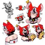  1girl :3 ? alternate_hair_length_(shorter) animal_ear_fluff animal_ears bare_shoulders black_choker black_hair blush bow choker closed_eyes closed_mouth commentary english_commentary english_text eyelashes fang flying_sweatdrops hair_between_eyes hakos_baelz hakos_baelz_(1st_costume) heart highres hololive hololive_english index_fingers_together laughing long_sleeves looking_back mouse_(animal) mouse_ears mouse_girl mouse_tail mr._squeaks_(hakos_baelz) multicolored_hair multiple_views narrowed_eyes open_mouth red_hair sharp_teeth short_hair simple_background smile smug spiked_choker spikes tail tail_bow tail_ornament teeth the_dankwave upper_teeth_only virtual_youtuber white_background white_hair 