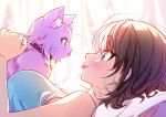  absurdres blue_eyes blush cat collar commentary highres hololive lying nekomata_okayu nekomata_okayu_(cat) on_back oozora_subaru pillow purple_fur short_hair sumi_80 tongue tongue_out untranslatable_commentary virtual_youtuber 