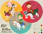  3boys armor axe commentary_request deformed fire_emblem fire_emblem:_radiant_dawn green_hair holding holding_axe holding_polearm holding_reins holding_sword holding_weapon horse horseback_riding kieran_(fire_emblem) makalov_(fire_emblem) male_focus multiple_boys oscar_(fire_emblem) pink_hair polearm red_eyes red_hair reins riding short_hair sword weapon yyblue 