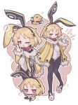  1girl :d :o ;o \||/ animal_ear_hairband animal_ears black_hairband black_pantyhose blonde_hair blush_stickers border bow bowtie brown_background closed_mouth commentary covered_navel disgaea earmuffs fake_animal_ears full_body fur-trimmed_jacket fur-trimmed_sleeves fur_trim grid_background hairband hand_up highres jacket jitome leotard long_sleeves looking_at_viewer multiple_views one_eye_closed open_clothes open_jacket open_mouth outline outside_border pantyhose pink_bow pink_bowtie pink_eyes rabbit_ear_hairband rabbit_ears scarf short_hair slippers smile sparkle squeans standing suaman thick_eyebrows usalia_(disgaea) waving white_border white_jacket white_leotard white_outline white_scarf white_slippers 