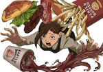  1girl apron black_apron black_pants bread_bun brown_eyes brown_hair burger chainsaw_man cup disposable_cup drink fast_food food french_fries grey_shirt hair_ornament hairclip lettuce meat open_mouth pants shirt simple_background soda solo spill teeth tomato tomato_slice tripping user_jjag5532 white_background 