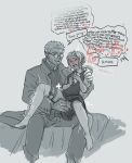  1boy 1girl alexander_anderson blush censored clerical_collar closed_eyes commentary_request cross_pendant dated dress english_text fangs fingering glasses hand_on_another's_shoulder heart hellsing highres ichipichi mixed-language_commentary mosaic_censoring oc_x_canon open_mouth original speech_bubble vampire 