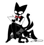 accessory angry anthro barefoot black_body black_clothing black_fur black_tail black_topwear black_vest bodily_fluids bottomwear cheek_tuft clipboard clothing collared_shirt crossed_legs domestic_cat dress_shirt duo eye_scar facial_scar facial_tuft feet felid feline felis female fingers fur grey_bottomwear grey_clothing grey_pants lagomorph leporid looking_down male male/female mammal mouthless necktie pants planking rabbit red_necktie sabgong safety_pin scar shirt sitting sitting_on_back sweat tail topwear tuft uniform vest vincent_(sabgong) vingo_(sabgong) white_clothing white_shirt white_topwear white_undershirt writing_on_clipboard writing_utensil