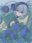  1girl alternate_hair_length_(longer) aqua_eyes blue_flower blue_ribbon blue_rose closed_mouth commentary crossed_bangs erbiluanzi flower frilled_sleeves frills grey_hair hair_between_eyes highres komeiji_koishi long_hair medium_hair ribbon rose shirt solo third_eye touhou yellow_shirt 