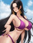  1girl 2022 \||/ bikini black_hair boa_hancock breasts closed_mouth cloud commentary day earrings english_commentary from_side gold_earrings grey_eyes jewelry kyopink large_breasts light_smile long_hair looking_at_viewer navel one_piece outdoors parted_bangs purple_bikini sideboob sky snake_earrings solo stomach straight_hair swimsuit underboob upper_body very_long_hair wet 