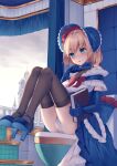  1girl absurdres alice_margatroid bare_shoulders bathroom black_thighhighs blonde_hair blue_choker blue_dress blue_gloves blue_shoes blush bonnet book bow breasts choker cleavage cloud cloudy_sky covered_clitoris d: dress elbow_gloves frilled_bonnet frilled_choker frilled_dress frills gloves high_heels highres holding holding_book knees_up legs_up mechrailgun medium_breasts open_mouth panties petticoat raised_eyebrows red_bow red_eyes see-through_clothes see-through_thighhighs shoes short_hair sitting sky sleeveless sleeveless_dress solo spire stairs thighhighs tiles toilet touhou underwear white_panties 