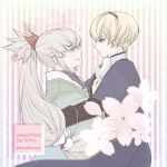  2boys absurdres aristocratic_clothes black_hairband blonde_hair fire_emblem fire_emblem_fates fire_emblem_heroes hair_ribbon hairband highres leo_(fire_emblem_fates) leo_(valentine)_(fire_emblem_fates) long_hair male_focus multiple_boys nknaxs official_alternate_costume red_ribbon ribbon short_hair takumi_(fire_emblem) takumi_(valentine)_(fire_emblem) yaoi 