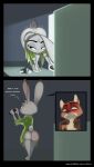  2018 anthro bent_over beverage_can black_border blush border bottomless butt canine clothed clothing comic dialogue dipstick_ears disney duo english_text female fox fridge holding_object judy_hopps lagomorph male male/female mammal nick_wilde purple_eyes rabbit scratch text url yitexity zootopia 