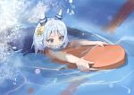  1girl absurdres air_bubble animal_ears aoniyoshi blue_one-piece_swimsuit brown_eyes bubble commentary_request ear_covers grey_hair highres hishi_miracle_(umamusume) holding_kickboard horse_ears horse_girl kickboard medium_hair one-piece_swimsuit partial_commentary pool school_swimsuit solo swimming swimsuit tracen_swimsuit umamusume water 