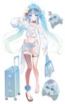  1girl :3 absurdres ahoge ankle_scrunchie arahashi_tabi asymmetrical_legwear bag bikini black_choker black_thighhighs blue_bikini blue_eyes blue_hair blue_ribbon blunt_bangs blush brown_sandals choker commentary daisy_(flower) eyewear_on_head flower front-tie_bikini_top front-tie_top full_body gradient_hair groin hair_ornament hair_ribbon hairclip heart heart_ahoge highres holding holding_bag long_hair looking_at_viewer magnet multicolored_hair musm0412 navel parallel_hairclips pungdangi_(arahashi_tabi) red_flower red_rose ribbon rolling_suitcase rose sandals sarong scrunchie see-through_clothes see-through_sarong see-through_shirt shirt side-tie_bikini_bottom sidelocks simple_background solo standing stellive string_bikini striped_bikini striped_clothes suitcase sunglasses swimsuit thigh_strap thighhighs twintails virtual_youtuber white_background white_bikini white_flower 