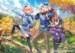  2boys astolfo_(fate) backpack bag black_bow black_ribbon blue_hair bob_cut bow braid commentary_request copyright_name day fang fate/grand_order fate_(series) hair_intakes hair_ribbon kodama_(wa-ka-me) lancer long_braid long_hair multicolored_hair multiple_boys official_art oni oni_horns otoko_no_ko outdoors pink_hair ponytail purple_eyes purple_hair red_eyes ribbon short_hair shoulder_bag shuten_douji_(fate/grand_order) single_braid skirt smile streaked_hair 