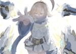  1girl ahoge black_headband blonde_hair blue_scarf commentary_request covered_mouth firefly_(stella_sora) headband huge_ahoge looking_at_viewer orange_eyes outstretched_arm scarf shirt short_hair simple_background sketch solo stella_sora tapiika0141 white_background white_shirt 