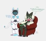 2025 3_toes 4_fingers :3 ambiguous_gender anthro anthrofied arm_tattoo armband armchair artist_logo bellabot black_face black_legs blue_eyes blue_fingers blue_inner_ear blue_mouth blue_nose blue_pawpads blue_toes breasts cel_shading chair cheek_tuft club_arms crossover domestic_cat duo elemental_creature english_text eye_mask facial_tuft fangs featureless_breasts featureless_crotch feet felid feline felis female fingers floating_fingers flora_fauna fluffy fluffy_hair for_a_head full-length_portrait fur furniture generation_9_pokemon gesture green_body green_fur hair handpaw hi_res hindpaw introducing_self ka-t leaf logo machine mammal medium_breasts meowscarada narrowed_eyes nintendo object_head on_sofa open_:3 pawpads paws plant pokemon pokemon_(species) portrait pudu_robotics razgrizdl robot robot_anthro robot_joints screen screen_face screen_head segmented_body shaded simple_background sitting sitting_on_sofa sofa speech_bubble standing tail talking_to_another tan_background tattoo teeth text thick_thighs toes tuft waving waving_hands white_body wide_hips
