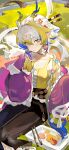  1girl arknights bare_shoulders beads black_pants blonde_hair blue_hair blush braid breasts camisole chongchongbao_mushi cleavage closed_mouth colored_extremities colored_skin commentary_request dragon_girl dragon_horns dragon_tail eastern_dragon_horns eastern_dragon_tail flower food green_eyes grey_hair hair_between_eyes hair_flower hair_ornament highres horns jewelry long_hair long_sleeves looking_at_viewer medium_breasts multicolored_hair official_alternate_costume pants pointy_ears shu_(arknights) shu_(spring_feast)_(arknights) side_braid single_braid smile solo striped_hair tail yellow_camisole 