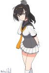  1girl akizuki_(kancolle) arms_behind_back black_eyes black_headband black_sailor_collar clothes_writing corset feet_out_of_frame gloves grey_eyes headband headgear highres kantai_collection long_hair one-hour_drawing_challenge pleated_skirt robinson_(day_l_full) sailor_collar sailor_shirt shirt simple_background skirt socks solo white_background white_gloves white_shirt white_skirt white_socks 