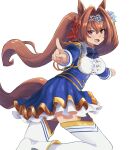  1girl aiguillette animal_ears black_thighhighs blue_bow blue_jacket blue_skirt blush bow breasts brown_hair center_frills commentary_request daiwa_scarlet_(peak_blue)_(umamusume) daiwa_scarlet_(umamusume) epaulettes fang frills hair_intakes highres horse_ears horse_girl horse_tail jacket juliet_sleeves large_breasts layered_legwear layered_skirt long_hair long_sleeves open_mouth puffy_sleeves ramaramune red_eyes shirt skin_fang skirt smile solo tail thighhighs tiara twintails umamusume very_long_hair white_shirt white_skirt white_thighhighs 