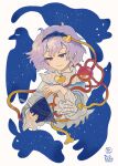  1girl bird blue_shirt book cat commentary_request crow frilled_shirt_collar frilled_sleeves frills hair_ornament headband heart heart_hair_ornament holding holding_book kakueki-teisha komeiji_satori purple_eyes purple_hair rabbit reading shirt short_hair silhouette smile starry_sky_print third_eye touhou upper_body wavy_hair white_background 