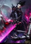  armor artist_name black_hair blood cape copyright_name faceless faceless_male feathered_wings gloves legend_of_the_cryptids long_hair male_focus official_art out_of_frame red_eyes severed_torso solo_focus sword tatiana_kirgetova weapon wings 