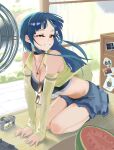  1girl :d absurdres black_choker black_sports_bra breasts camera choker cleavage commentary cross electric_fan floating_hair food fruit green_eyes grey_skirt highres idolmaster idolmaster_million_live! indoors jewelry kitakami_reika kneeling long_hair looking_at_viewer medium_breasts miniskirt necklace p-head_producer photo_(object) producer_(idolmaster) skirt smile solo sports_bra straight_hair tatami tomber very_long_hair watermelon 