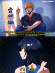 1boy 1girl black_hair bleach blue_shorts casual crop_top english_text highres kuchiki_rukia kurosaki_ichigo meme opalis orange_hair parody short_shorts shorts 
