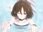  1girl 1other bandeau barbell_piercing bikini black_bandeau black_bikini black_choker blue_archive brown_eyes brown_hair choker commentary_request ear_piercing hakoyu_u halo highres holding_hands industrial_piercing misaki_(blue_archive) misaki_(swimsuit)_(blue_archive) official_alternate_costume one_eye_closed parted_lips partially_submerged piercing pov pov_hands red_halo short_hair solo_focus swimming swimsuit teaching water wet wristband 