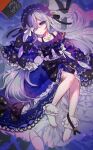  1girl absurdres atai_(56874442) barefoot blush bow chinese_commentary commentary_request crescent dress frilled_dress frills hair_ornament highres jewelry lolita_fashion long_hair mahou_shoujo_no_majo_saiban moon natsume_an-an necklace one_eye_closed purple_hair ribbon 