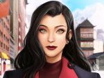  1girl asami_sato avatar_legends black_hair city closed_mouth cloud cloudy_sky commentary day english_commentary eyeliner eyeshadow green_eyes highres jaeon009 lips lipstick long_hair makeup outdoors portrait purple_eyeshadow realistic red_lips signature sky smile solo the_legend_of_korra 