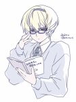  1boy alternate_costume black_hairband blonde_hair book fire_emblem fire_emblem_fates glasses hairband highres holding holding_book leo_(fire_emblem_fates) male_focus necktie nknaxs red_eyes short_hair translation_request 