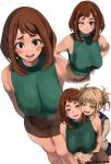  2girls absurdres aged_up bare_shoulders blonde_hair blunt_bangs blush blush_stickers boku_no_hero_academia breasts brown_eyes brown_hair commentary double_bun english_commentary hair_bun highres hug hug_from_behind lady_shin long_sleeves looking_at_viewer messy_hair multiple_girls official_alternate_costume open_mouth paid_reward_available short_hair simple_background sleeveless sleeveless_turtleneck toga_himiko turtleneck uraraka_ochaco white_background yellow_eyes yuri 