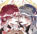  2girls blue_hair chief_(path_to_nowhere) drawn_whiskers female_chief_(path_to_nowhere) food gradient_hair highres looking_at_viewer multicolored_hair multiple_girls par_sato path_to_nowhere portrait shalom_(path_to_nowhere) smile white_background yuri 