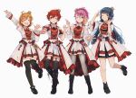  4girls :d ;) ^_^ absurdres arm_up black_boots blonde_streaks blue_hair boots closed_eyes closed_mouth crown fishnet_pantyhose fishnets highres idolmaster idolmaster_million_live! idolmaster_million_live!_theater_days jacket julia_(idolmaster) kinarurikinari kitakami_reika long_hair long_sleeves looking_at_viewer maihama_ayumu mini_crown multicolored_hair multiple_girls official_alternate_costume one_eye_closed open_mouth orange_hair overskirt pantyhose pink_hair plaid_clothes plaid_jacket ponytail re_prologue_x_(idolmaster) red_hair red_jacket short_hair simple_background skirt smile standing streaked_hair twintails two-tone_hair white_background white_jacket white_overskirt white_skirt yabuki_kana 