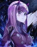  blood blood_on_face blue_eyes breasts darling_in_the_franxx eyebrows_visible_through_hair grey_hairband hairband highres horns long_hair looking_at_viewer medium_breasts pink_hair solo upper_body wulben zero_two_(darling_in_the_franxx) 