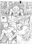  ?! abs alternate_version_at_source anthro armband armlet athletic broken chris_sawyer claws clothing comic dinosaur ear_piercing edit fangs feline feral frustrated grass grawlixes greyscale holding_down hunter hunting loincloth male mammal mane melee_weapon monochrome outside piercing pinned plant polearm prey_for_me_(comic) restrained saber-toothed_cat sabertooth_(disambiguation) scales scalie spear stepping_on surprise theropod tyrannosaurus_rex weapon 