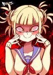  1girl animated background big_nipples blush boku_no_hero_academia breasts cleavage diives fangs fringe hair_buns nipples no_underwear orange_eyes puffy_nipples school_uniform shirt_rip text_focus toga_himiko 