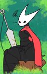 anthro arthropod black_body cape clothing female hi_res hornet hymenopteran insect log nature pooping red_cape red_clothing sitting sitting_on_log solo stomach_ache toilet_use vespid vessel_(species) wakowako wasp wood