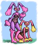 absurd_res anthro bare_thighs blue_background blue_sky blush bodily_fluids boots breasts bulge bunny_costume clothing cosplay costume cuffs_(clothing) dewlap_(anatomy) drooling duo easter evil_jax_(tadc) eyelashes footwear frown generation_4_pokemon glaring glistening glistening_clothing glitch_productions grass gynomorph heart_eyes heart_symbol hi_res holidays intersex intersex/intersex jax_(tadc) knee_boots knee_highs kneeling ko-fi lagomorph legwear long_eyelashes looking_at_another looking_at_partner lopunny mammal nintendo nsfwulf patreon pink_body plant playboy_bunny pokemon pokemon_(species) pokemon_costume purple_body saliva scowl selfcest shoes simple_background sky square_crossover standing text the_amazing_digital_circus thick_thighs trans_(lore) trans_woman_(lore) url yellow_eyes