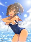  1girl blue_sky brown_eyes brown_hair cloud cowboy_shot day hair_ornament hairclip highres i-401_(kantai_collection) kantai_collection leaning_forward one-piece_swimsuit orange_sailor_collar ponytail sailor_collar sailor_shirt school_swimsuit shirt short_hair short_ponytail sky solo swimsuit swimsuit_under_clothes tan undressing water 