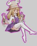  1girl absurdres blonde_hair eye_on_hat full_body hat highres invisible_chair long_hair looking_at_viewer marker_(medium) moriya_suwako no_shoes open_mouth purple_skirt purple_vest reddizen shirt sidelocks sitting skirt solo thighhighs touhou traditional_media vest white_shirt white_thighhighs yellow_eyes 