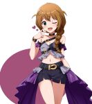  1girl :d ;d absurdres baba_konomi belt black_collar black_shorts blush braid breasts brown_hair cleavage collar cowboy_shot green_eyes hair_ornament hand_up heart highres idolmaster idolmaster_million_live! long_hair looking_at_viewer midriff navel one_eye_closed open_mouth overskirt purple_overskirt rocktaso_co_ltd shorts simple_background single_braid smile solo standing star_(symbol) star_hair_ornament studded_belt two_side_up v white_background 