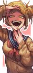  absurdres bangs blonde_hair blush boku_no_hero_academia breasts cardigan double_bun fangs finger_to_mouth full-face_blush glo-s-s hair_lift highres lips medium_breasts open_mouth school_uniform serafuku sharp_teeth solo teeth toga_himiko white_background yandere_trance yellow_eyes 