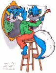 2009 altered_reflection anthro barefoot big_tail blue_body blue_fur blue_hair brush david_hopkins drip_(jack) feet fur group hair holding_brush holding_object holding_paintbrush looking_at_mirror looking_at_object male mammal meme mirror mirror_reflection murid murine paintbrush painting_(action) painting_(object) pepe portrait portrait_(object) rat reflection rodent self_portrait signature silly_face simple_background sitting_on_stool solo tail the_devil tongue tongue_out trio triple_self-portrait white_background
