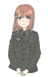  1girl alternate_costume braid breast_pocket brown_hair buttons closed_mouth collared_jacket commentary cropped_torso cross flower green_jacket grey_eyes hair_flower hair_ornament hanasato_minori iron_cross jacket long_sleeves looking_at_viewer military military_jacket military_uniform nankui orange_flower patch pocket project_sekai reichsadler ribbon_bar short_hair shoulder_boards side_braid simple_background single_braid solo swastika upper_body v_arms wehrmacht white_background white_flower 