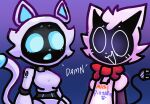 2025 4_fingers :o accessory anthro anthrofied apron arm_tattoo artist_logo bellabot black_face blue_eyebrows blue_eyes blue_inner_ear blue_mouth blue_nose blue_sclera blue_tongue bow_tie breasts cheek_tuft cherry15494706 chibi clothing club_arms domestic_cat duo electrical_plug_tail english_text eyebrows facial_tuft featureless_breasts felid feline felis female fingers floating_fingers for_a_head gradient_background half-length_portrait ka-t logo looking_at_another machine male mammal medium_breasts mono_(cherry15494706) object_head open_:3 open_mouth open_smile portrait print_apron print_clothing pudu_robotics purple_background red_bow_tie robot robot_anthro robot_joints screen screen_face screen_head segmented_body segmented_tail shaded simple_background small_eyebrows smile tail tattoo text tongue tuft white_body white_eyes white_mouth white_nose wide_hips