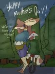 2026 blush brown_body canid canine clothed clothing digital_media_(artwork) egg english_text father_(lore) fennec_fox fez fox hat headgear headwear hi_res holidays mammal miteling mother's_day mother_(lore) mother_and_father_(lore) multicolored_body nara_(minty_flur) outside parent_(lore) partners plant rockpankake roi_(rockpankake) size_difference standing text tree true_fox two_tone_body unicycle vehicle white_body yellow_body