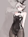  1girl animal_ears arms_behind_back black_bow black_bowtie black_leotard black_pantyhose black_streaks bow bowtie breasts brown_eyes commentary detached_collar expressionless fake_animal_ears fishnet_pantyhose fishnets flower_(vocaloid) grey_background hair_between_eyes highres kumathebear12 leotard looking_at_viewer multicolored_hair pantyhose playboy_bunny rabbit_ears short_hair small_breasts solo standing strapless strapless_leotard streaked_hair untranslatable_commentary vocaloid white_hair zoom_layer 