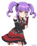  bang_dream! bangs blunt_bangs chain closed_mouth dress eyebrows_visible_through_hair grin hairband hand_on_own_elbow highres long_sleeves looking_at_viewer nan0teck necktie off_shoulder plaid plaid_skirt purple_hair red_eyes red_neckwear simple_background skirt smile smug solo standing twintails twitter_username udagawa_ako upper_body v v-shaped_eyebrows white_background 